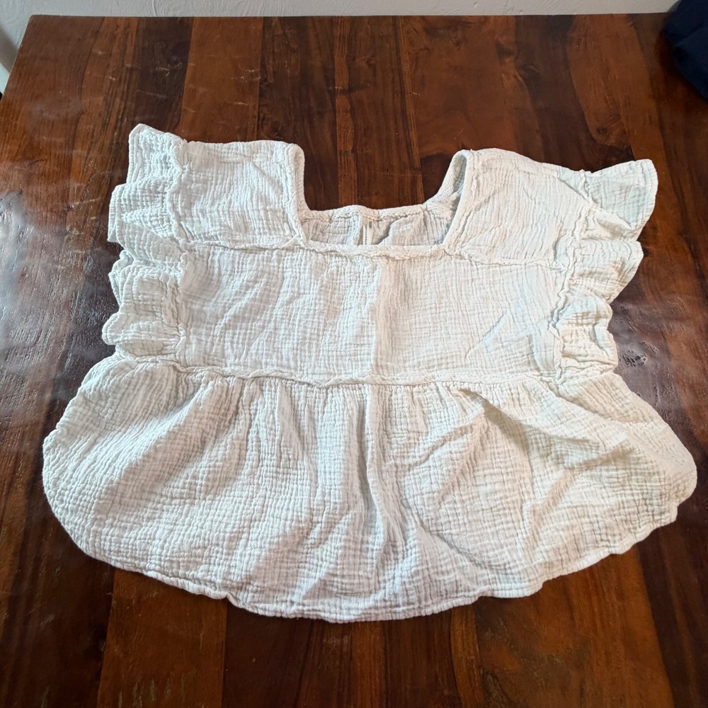 Anthropologie White Cotton Gauze Ruffle Peplum Blouse Square Neck Large